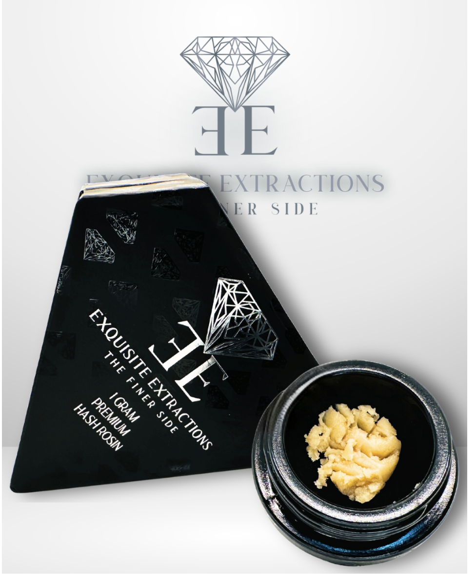 Exquisite Extractions packaged rosin in its black and silver diamond box