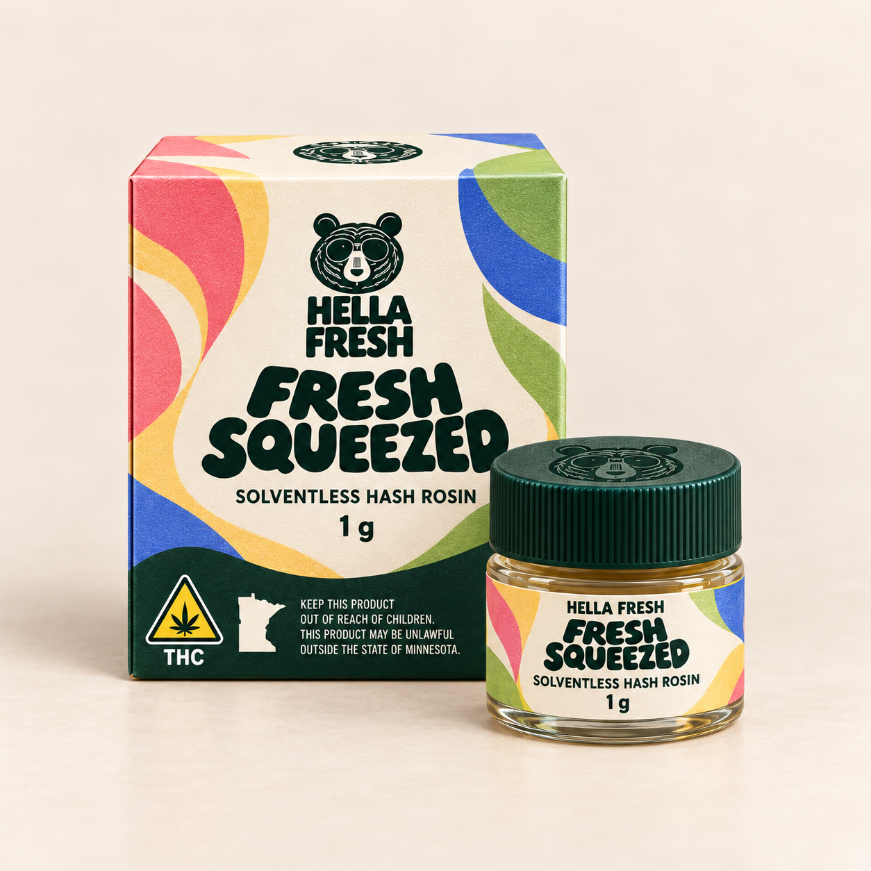 Hella Fresh Fresh Squeezed solventless hash rosin package and jar