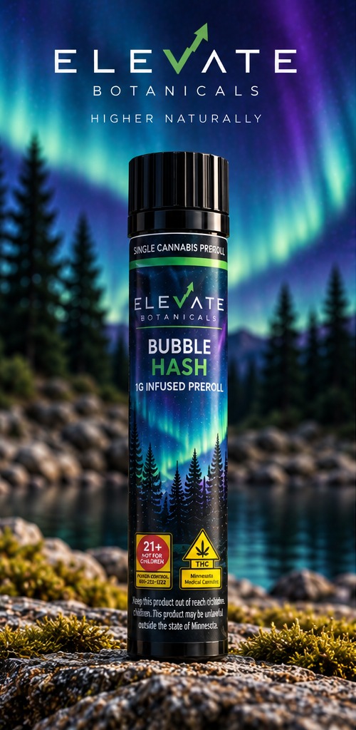 Elevate Botanicals Bubble Hash 1g infused preroll with its pouch