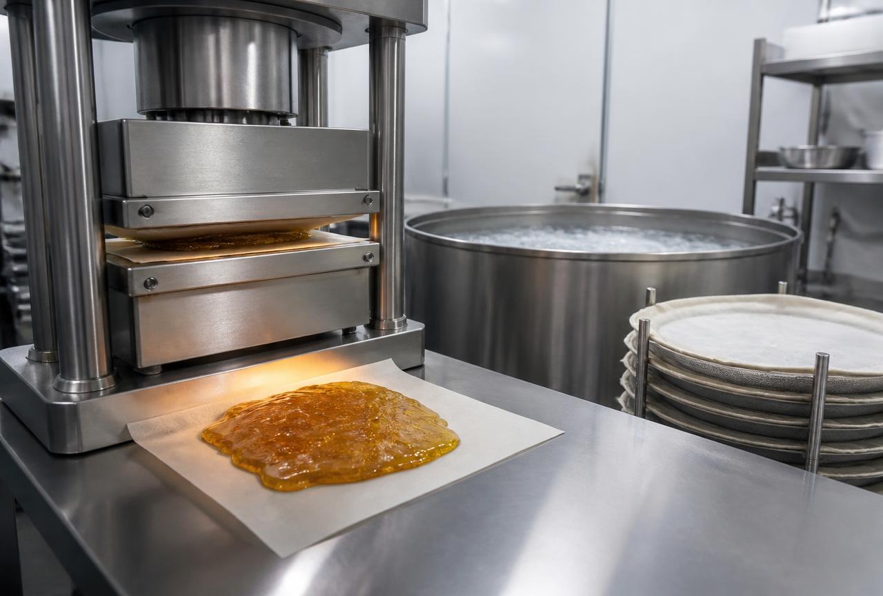 Solventless setup: rosin press, ice-water wash vessel and filter bags
